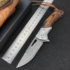 Damascus Steel Floral Design Folding Knife and Cowhide Sheath