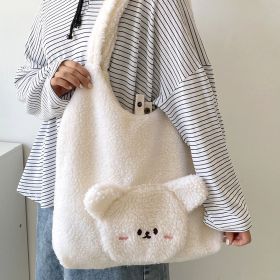 Personalized Bag For Women 3D Cartoon Bear Lamb Wool Shoulder Bag Winter High Capacity Daily Shopping Bags Girls College Style Handbags (Color: White)