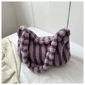 Large-capacity Striped Plush Bag Winter New Fashion Portable Tote Shoulder Bags Shopping Furry Handbags For Women (Color: Purple)