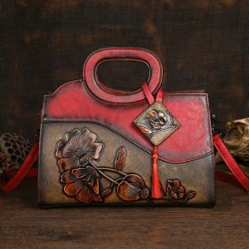 Retro Portable Crossbody Embossing Brush-off Craft Women's Bag Ethnic Style (Color: Red)
