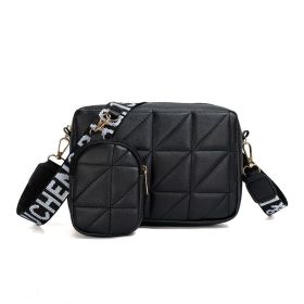 2Pcs Rhombus Shoulder Bag With Wallet Letter Print Wide Shoulder Strap Small Square Bag Large Capacity Cell Phone Crossbody Bags (Color: Black)