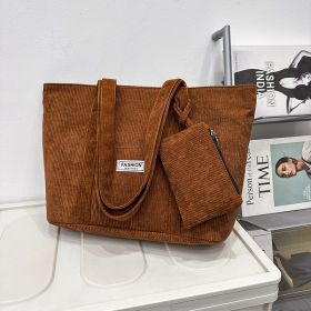 Large-capacity Corduroy Shoulder Bag With Small Woman Purses Composite Bag Solid Color Handbags For Women Winter And Spring (Color: Brown)