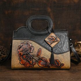 Retro Portable Crossbody Embossing Brush-off Craft Women's Bag Ethnic Style (Color: Black)