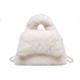 Women's Fashion Pearl Chain Plush Hand-carrying Bag (Color: White)