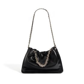 Design Genuine Leather Chain Pleated Cloud Bag (Option: Black Cowhide)