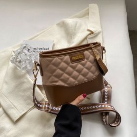 Fashion Rhombus Contrast Color Wide Shoulder Strap Crossbody Bag (Color: Khaki)