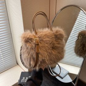 Faux Fox Plush One-shoulder Crossbody Bag (Color: Khaki)