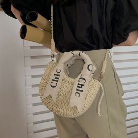 Women's Silk Scarf Letter Crossbody Straw Woven Bag (Option: Letter Mini Size Beige)