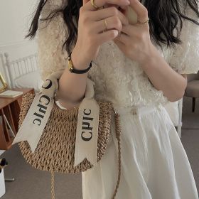 Women's Silk Scarf Letter Crossbody Straw Woven Bag (Option: Letter Mini Size Brown)