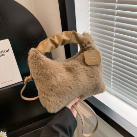 Women's Plush Pleated Handbag (Color: Khaki)