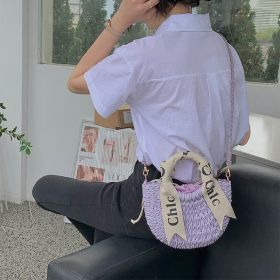 Women's Silk Scarf Letter Crossbody Straw Woven Bag (Option: Letter Mini Size Purple)